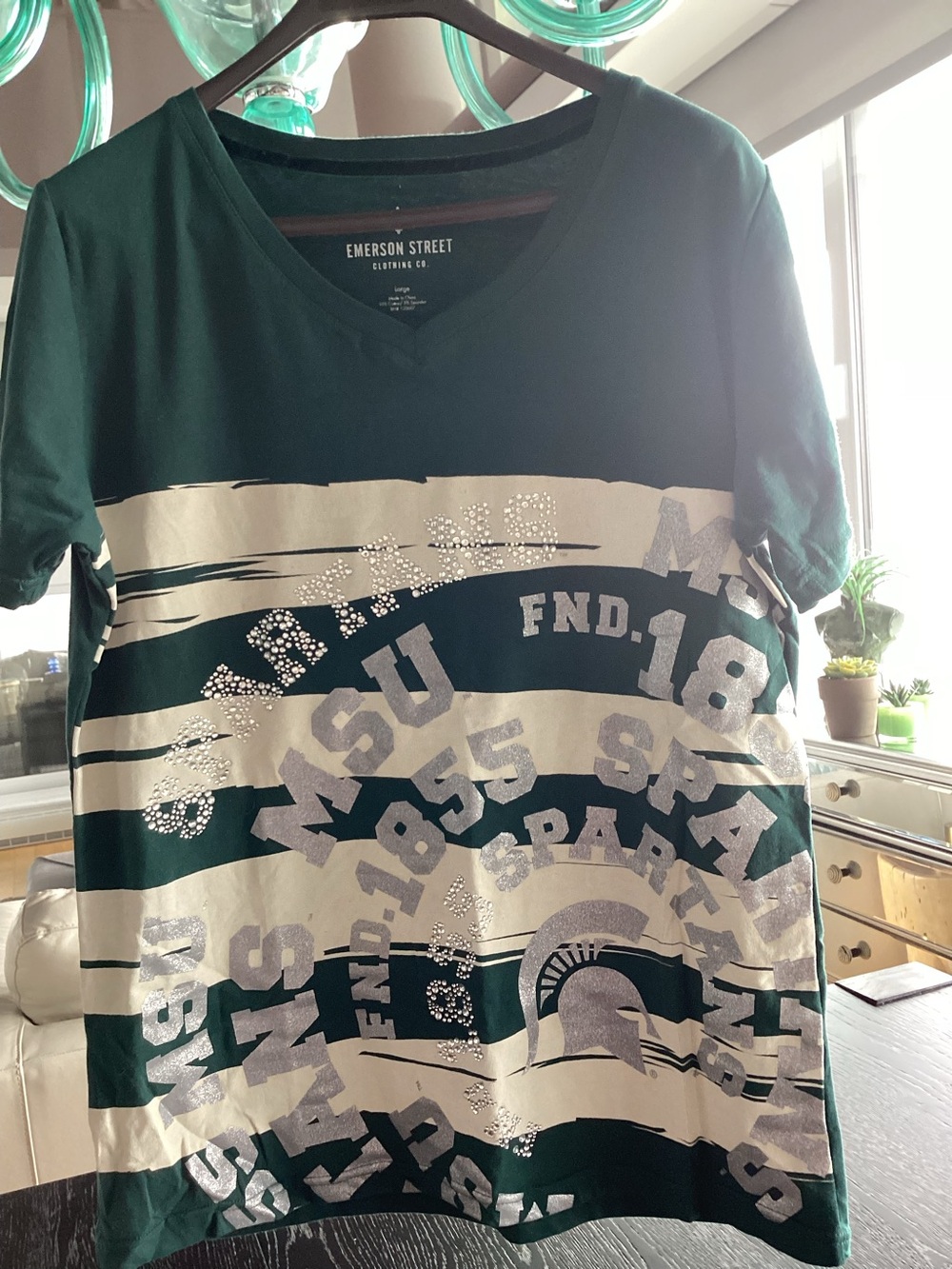 Michigan Fans! Green V-Neck Graphic MSU Spartans Tee with Silver Rhinestones